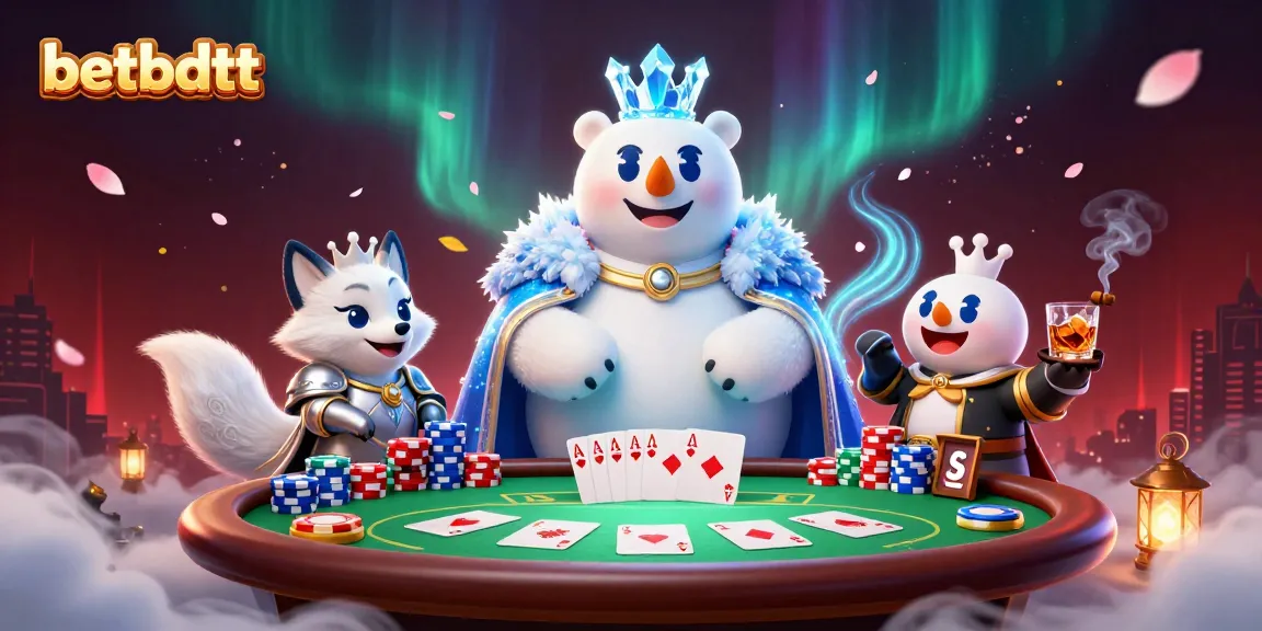 Engage with betbdtt's thrilling poker scene featuring a royal bear and fox amidst vibrant game elements.