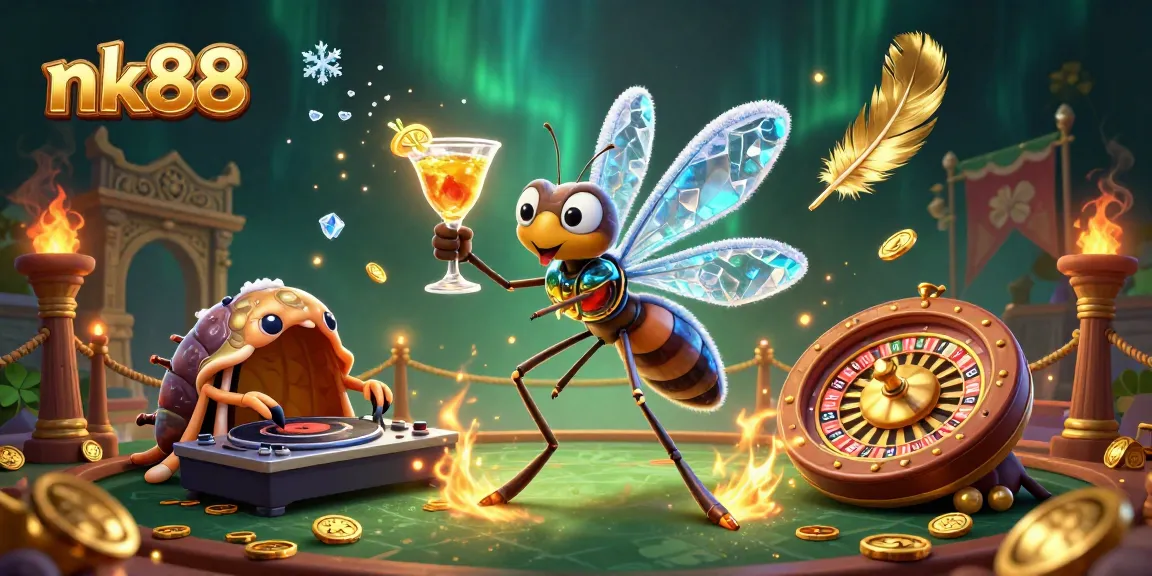 Engage with the vibrant nk88 casino world, featuring a casino mascot and dynamic elements in a lively atmosphere.