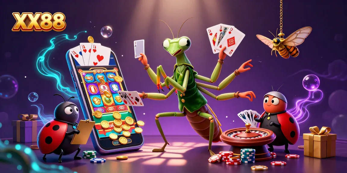XX88 casino scene with a giant mantis card sharp, ladybug pit boss, and rich gambling elements.
