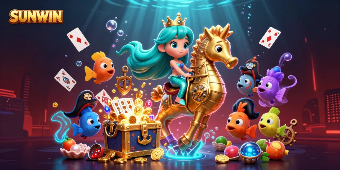 SUNWIN casino-themed illustration depicting a mermaid and seahorse amidst slot reels and treasures