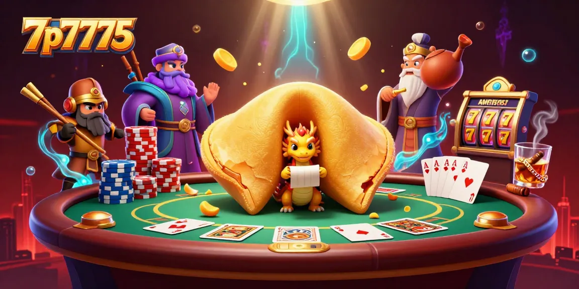 Immerse in the 7p7775 casino atmosphere featuring animated fortune cookie, poker elements, and vibrant details.