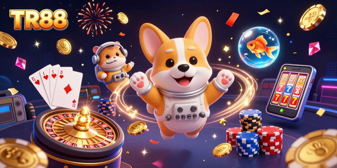 Experience TR88 with animated characters in a vibrant casino atmosphere floating in space.