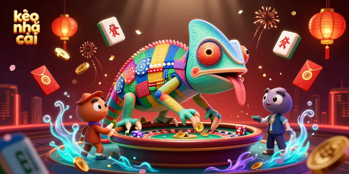 Engage with kèo nhà cái through a dynamic scene of a chameleon casino owner and vibrant gambling elements.