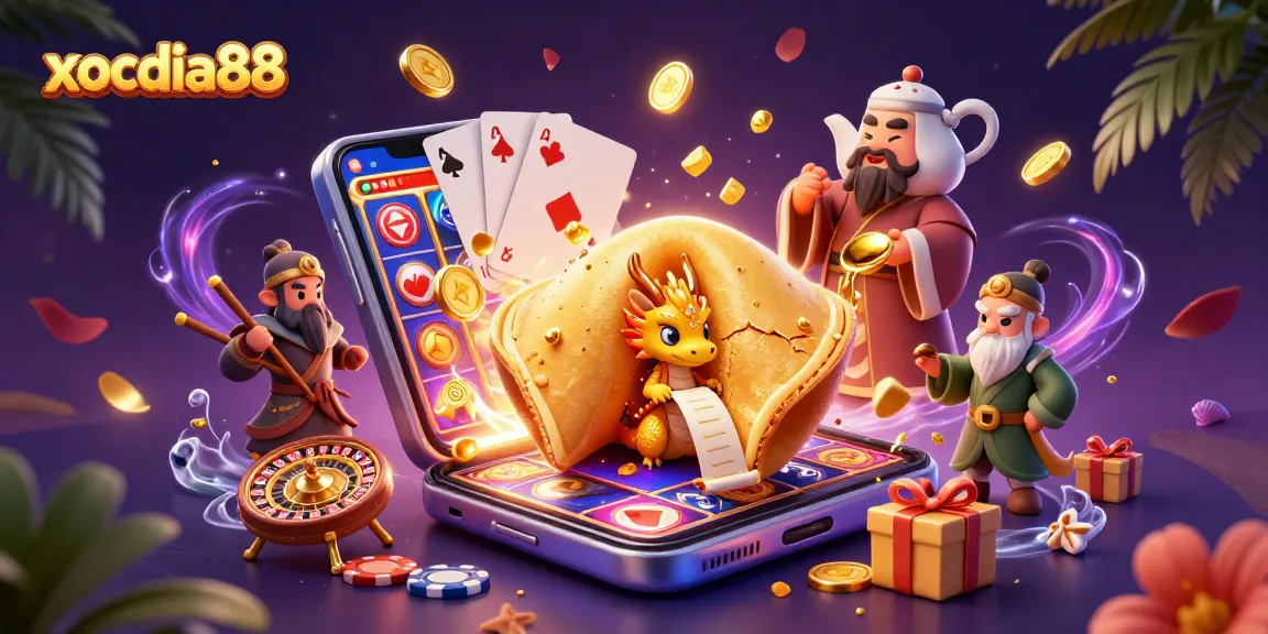 Xocdia88 players enjoy spinning slot reels, uncovering treasures in a vibrant golden scene.