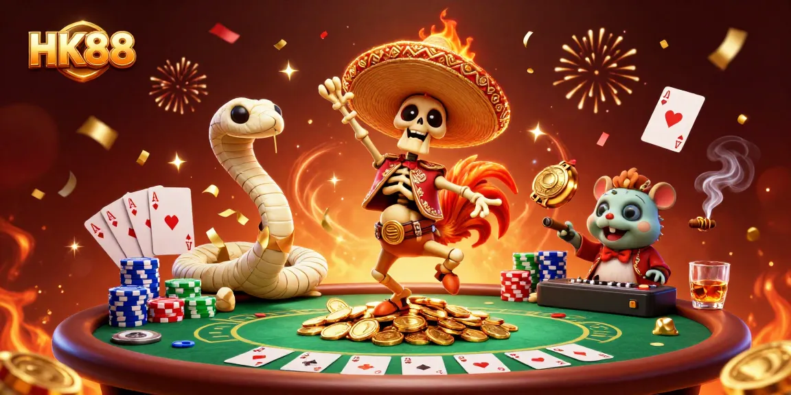 Experience thrilling gaming at HK88 with vibrant characters, poker elements, and a festive atmosphere.