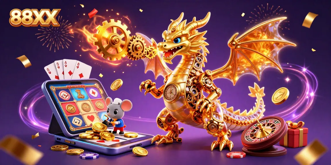 Experience thrilling wins at 88XX with a golden dragon and magical casino elements erupting in gold.