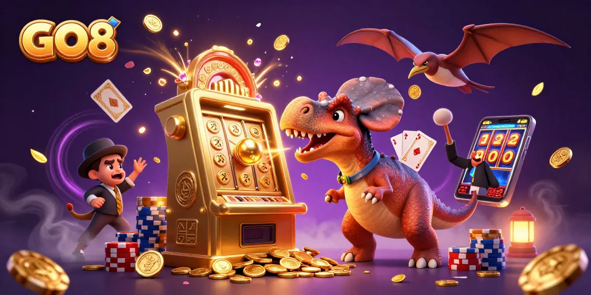 GO8's pachycephalosaurus wins the jackpot at a golden slot machine, while coins and treasures rain down.
