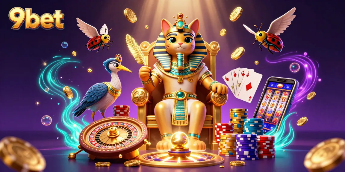 Engage with 9bet's magical casino world featuring an Egyptian pharaoh cat among treasures and gaming elements.