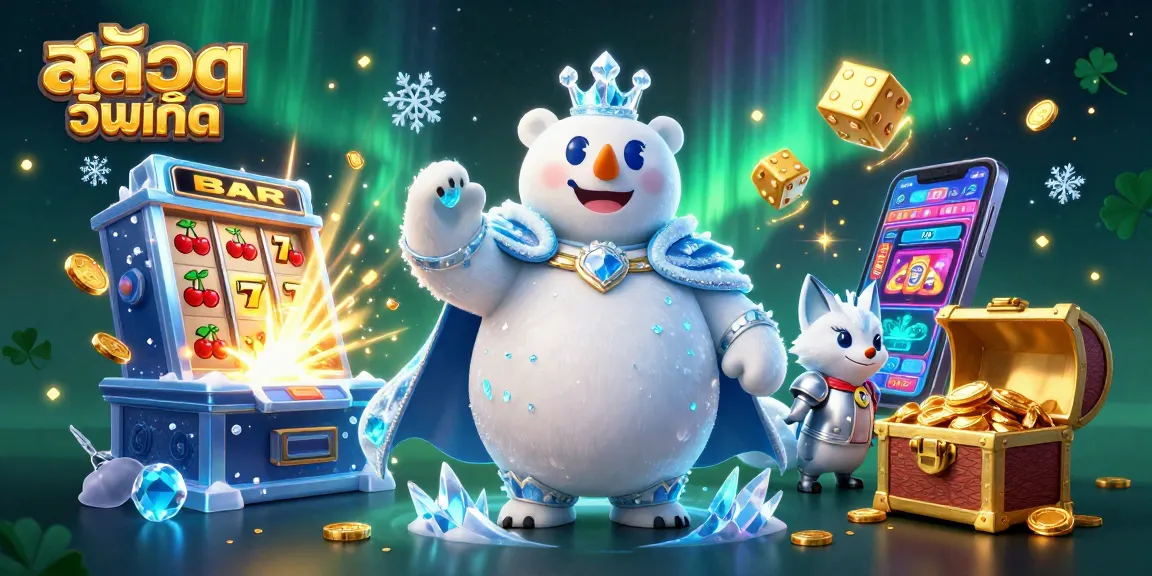 Experience the excitement of สล็อตอัพเดท with colorful casino games and jackpot explosions in this vibrant illustration.