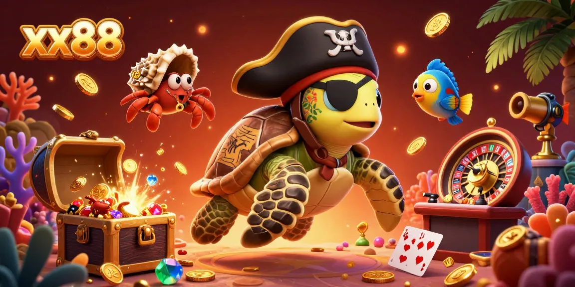 Experience thrilling moments at xx88 with a 3D pirate turtle and friends in a vibrant underwater casino scene.