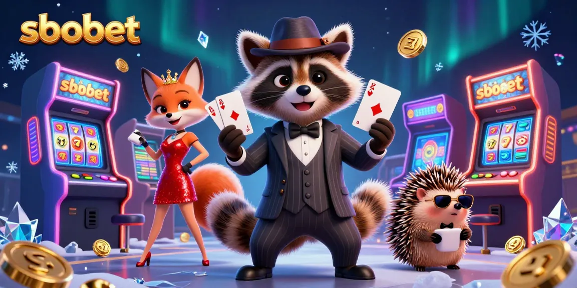 Engage in sbobet's exciting games, featuring a raccoon with a royal flush in a vibrant casino setting.