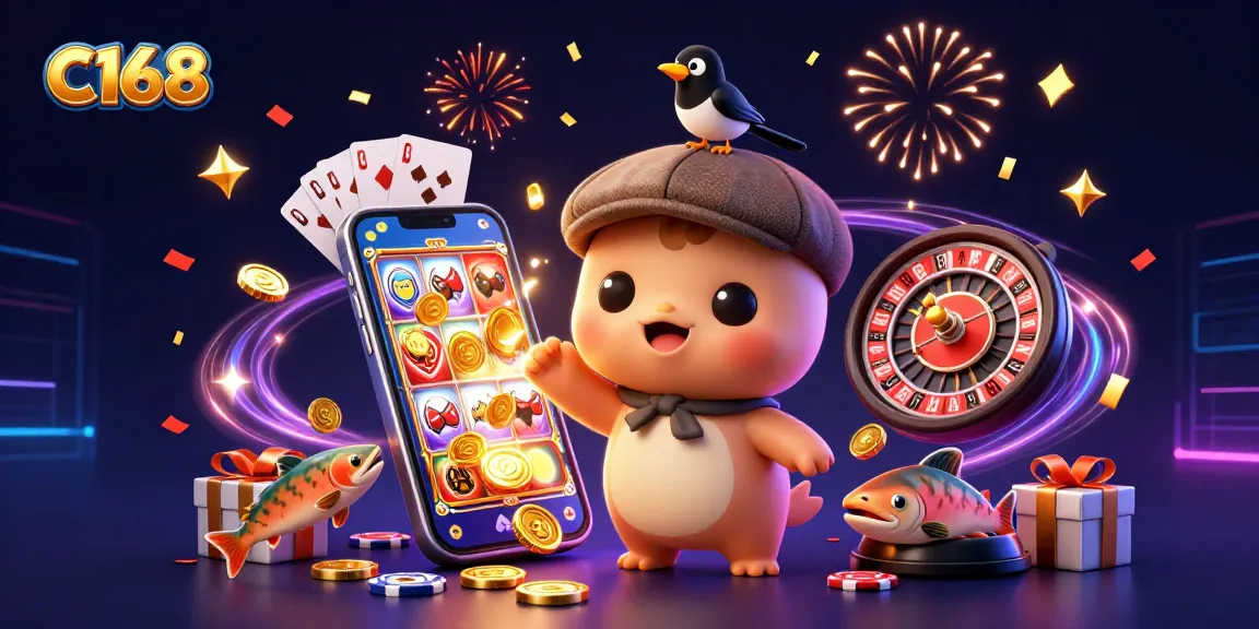 C168 players spin the reels of slot games while enjoying a vibrant casino atmosphere with engaging characters.