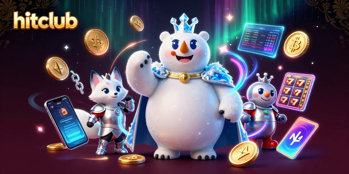 Experience the excitement of hitclub with a lively scene featuring a polar bear and snow fox amidst slot machines and crypto innovations.