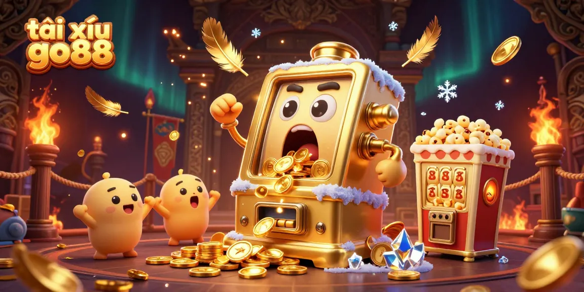 Experience the excitement of tài xỉu go88 with energetic slot machines and a popcorn machine in vibrant 3D illustration.