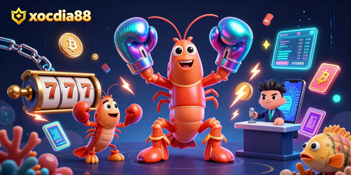 xocdia88 features a vivid 3D casino scene with colorful characters, slot reels, and digital currency elements.