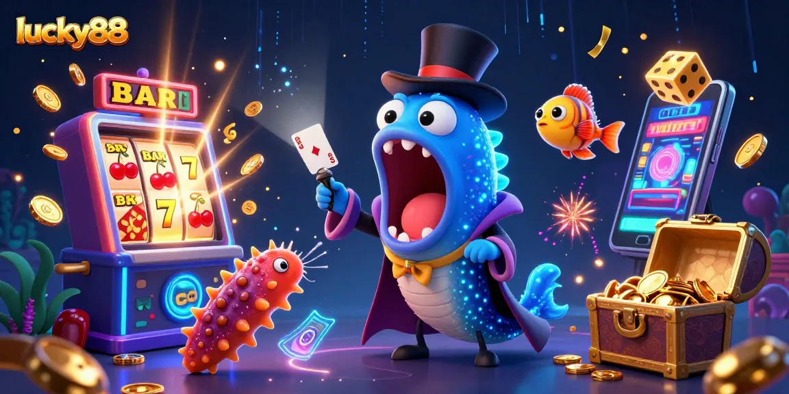 Experience lucky88's vibrant world with bioluminescent characters performing magical casino tricks.