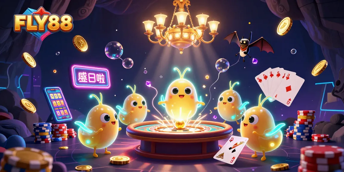 Experience thrilling games at FLY88 with vibrant glowworms illuminating the action in a dynamic casino scene.