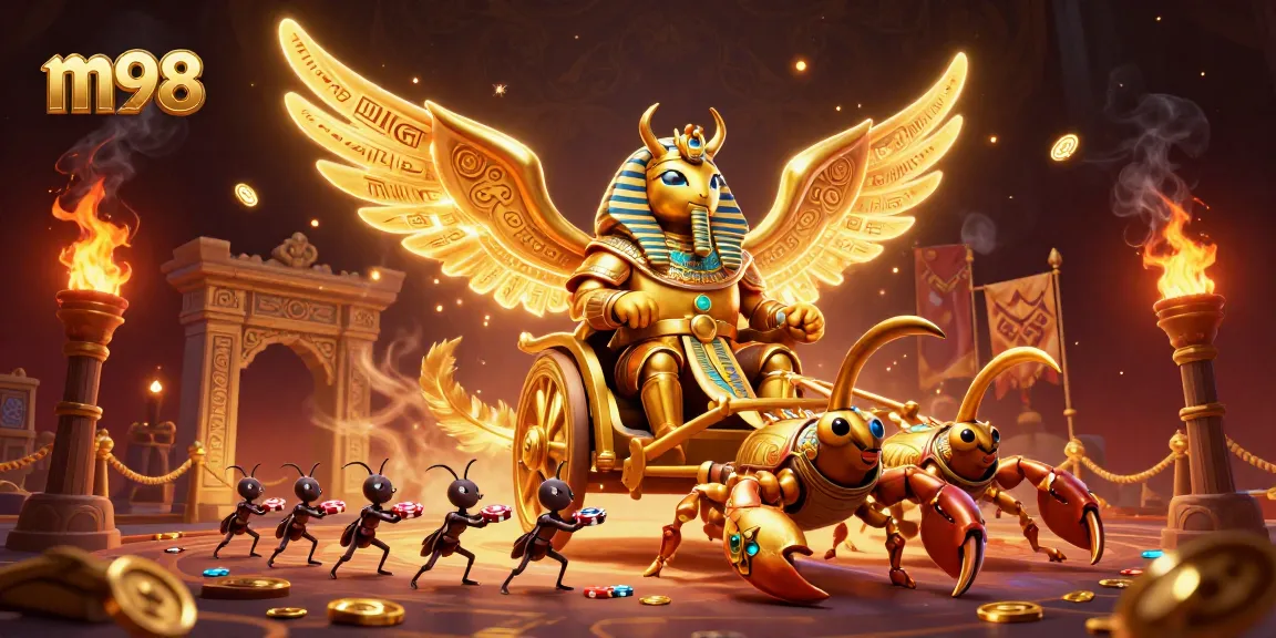 Engage in thrilling m98 casino games with a colossal golden scarab beetle in pharaoh armor.