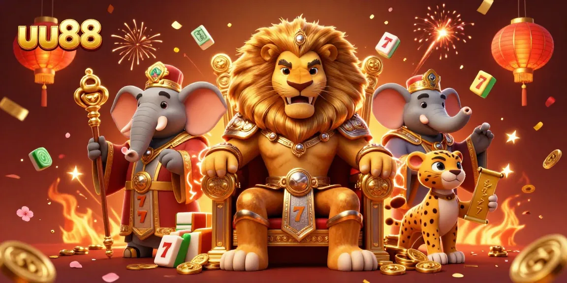 Experience thrilling jackpots with uu88's vibrant casino scene featuring a regal lion king.