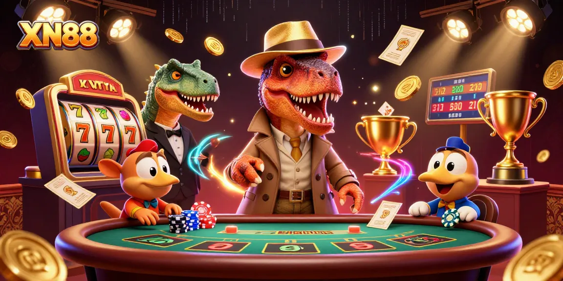 Play interactive slots with XN88: A cartoon velociraptor at a blackjack table, surrounded by dynamic casino elements.