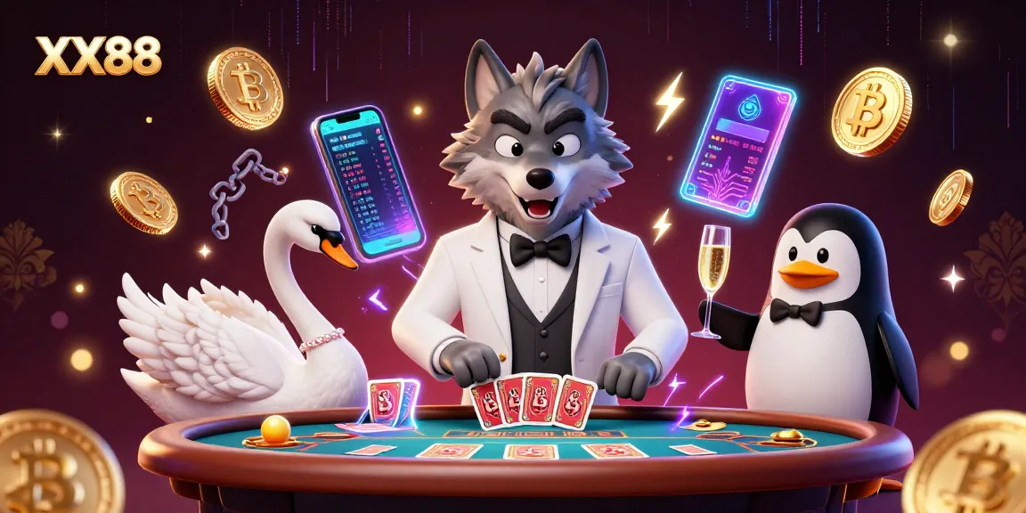 Engage with thrilling Baccarat gameplay at XX88, featuring a scene with a charming wolf dealer, elegant swan, and sophisticated penguin.