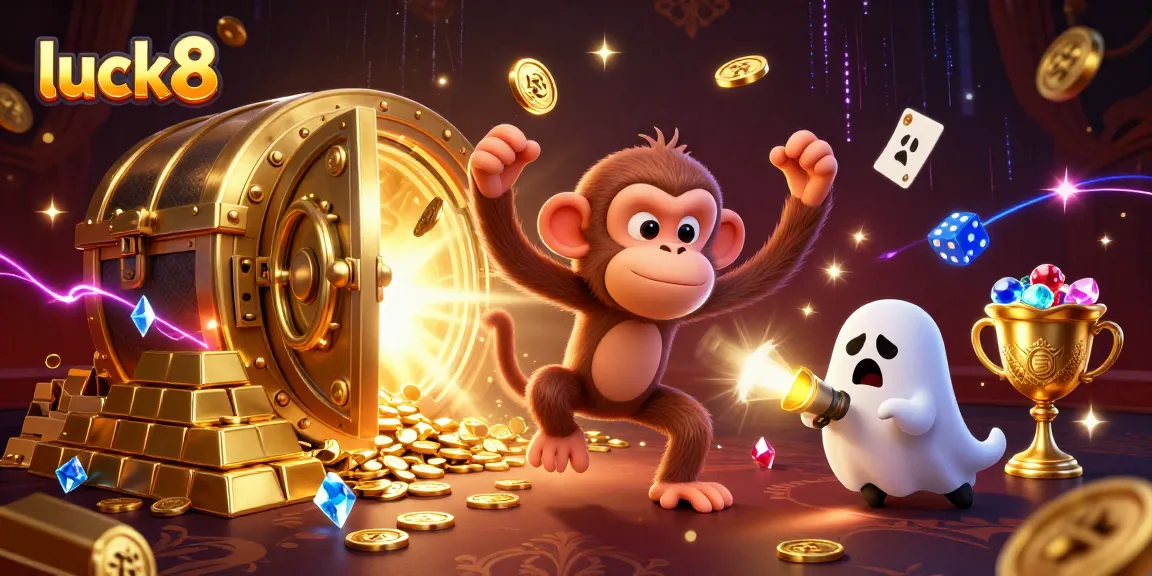 Witness excitement at luck8 with an invisible monkey juggling coins and a curious puppy in a haunted casino.