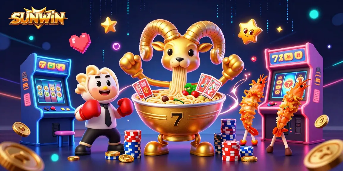 SUNWIN features a vibrant, animated casino scene with a giant ramen bowl character dealing cards and betting chips.