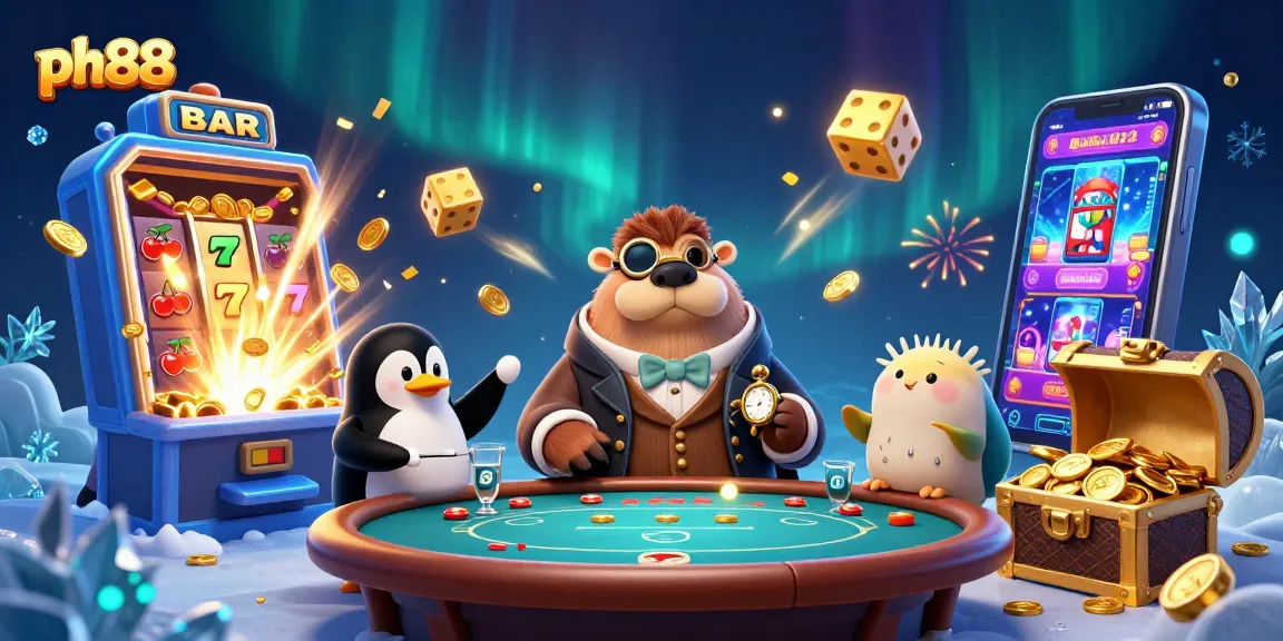 Experience thrilling gaming at ph88 with a cartoon walrus, penguin dealer, and pufferfish in a vibrant casino scene.
