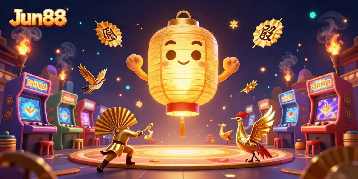 Experience the excitement of cockfighting and gaming with Jun88's vibrant 3D casino illustration.
