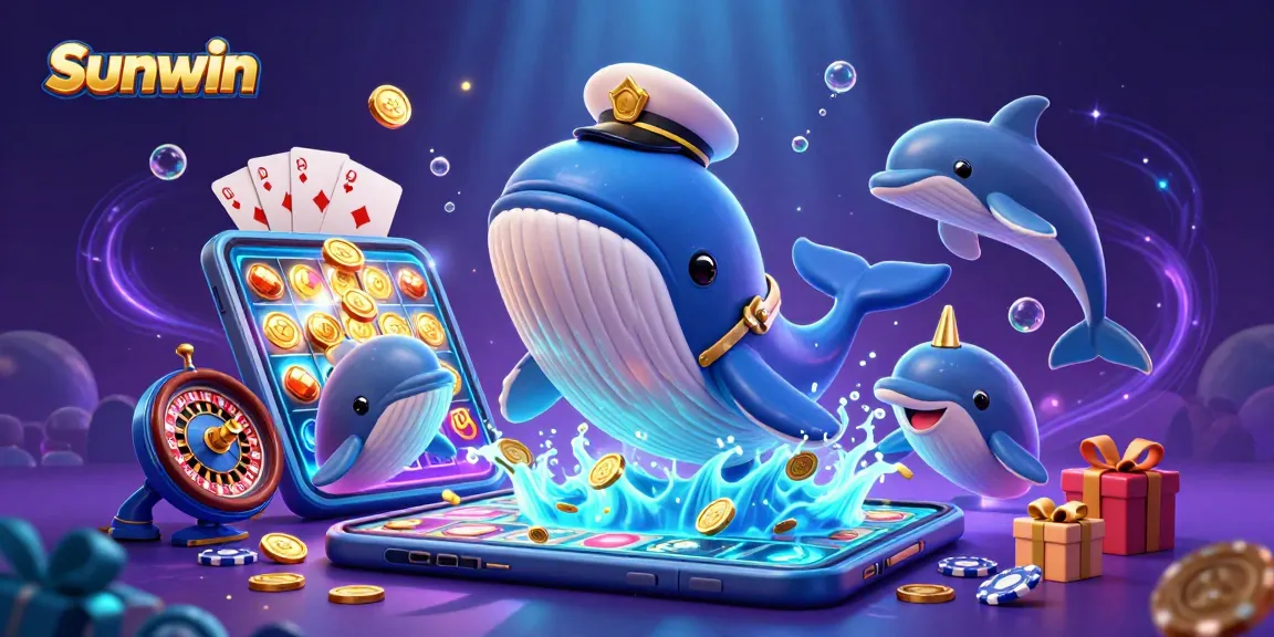 Sunwin players engage with vibrant slot games amidst colorful characters in a dynamic casino underwater scene.