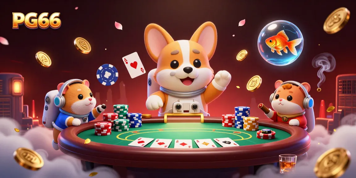 Experience exciting games at PG66 in a dynamic casino scene with floating characters and vibrant elements.