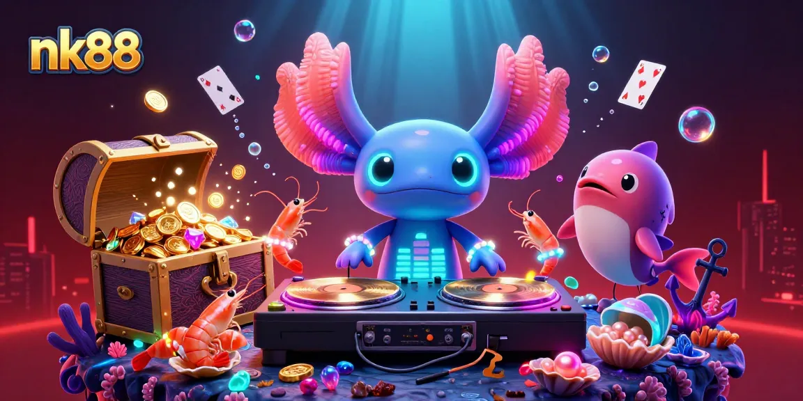 Experience vibrant gaming with nk88's underwater casino-themed illustration featuring a DJ and dynamic characters.