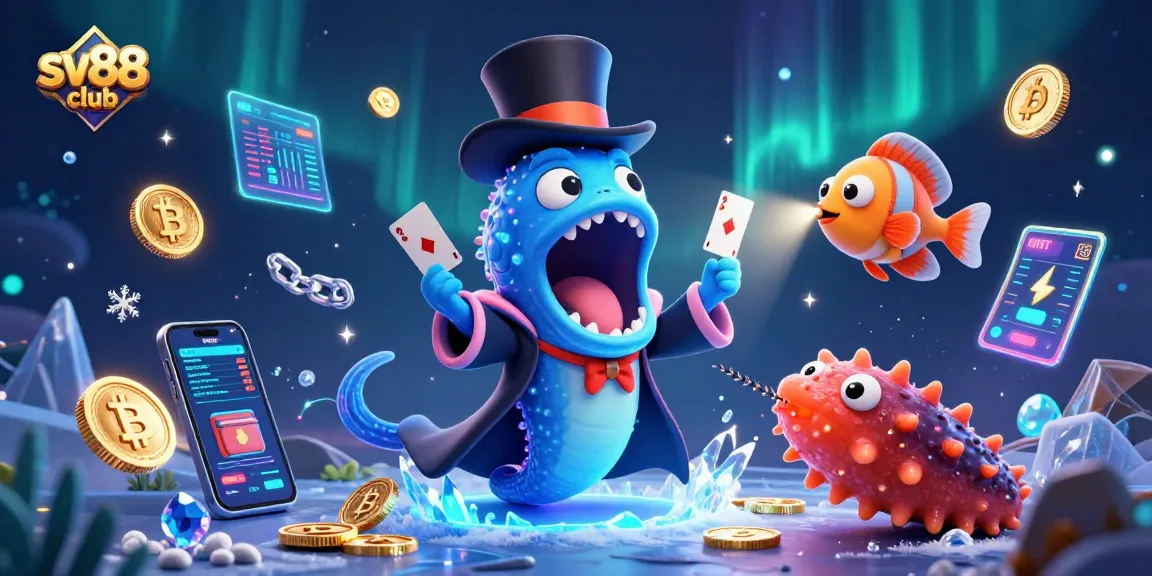 Experience the thrilling magic of sv88 club with animated characters showcasing exciting casino games and cryptocurrency.