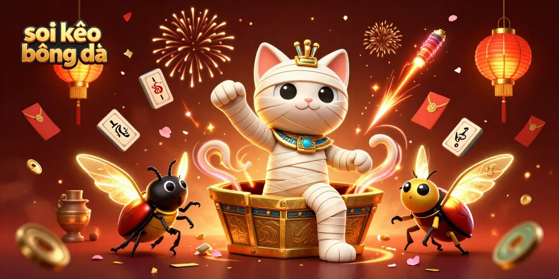 Soi kèo bóng đá scene with an Egyptian mummy cat and glowing scarab in a pyramid casino