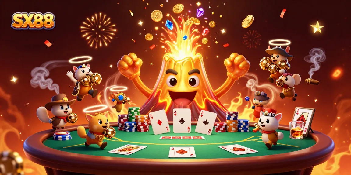 SX88 showcases an exciting scene with a golden volcano and treasure in a casino-themed illustration.