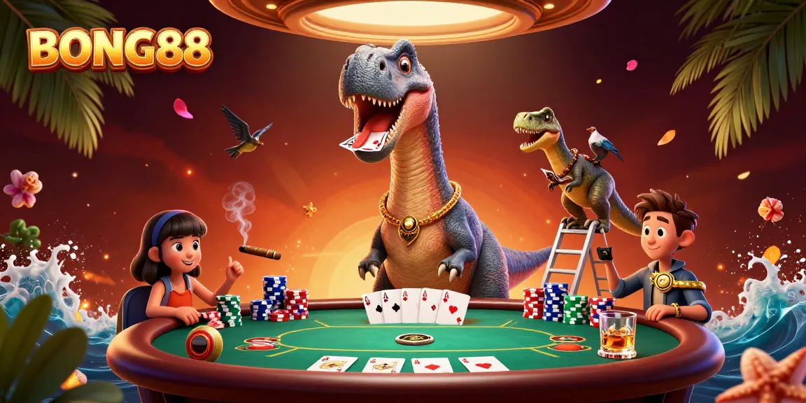 BONG88 illustrates a dynamic casino scene with a brontosaurus and raptor dealing cards, highlighting poker action.
