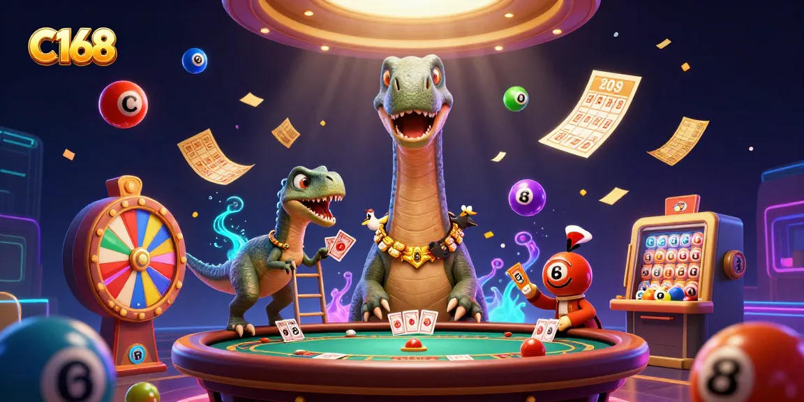 C168 players enjoy vibrant games with animated dinosaurs in a thrilling casino atmosphere.