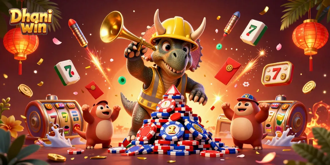 Dhani win engaging players with vibrant 3D slots, poker chips, and festive game elements in a dynamic celebration