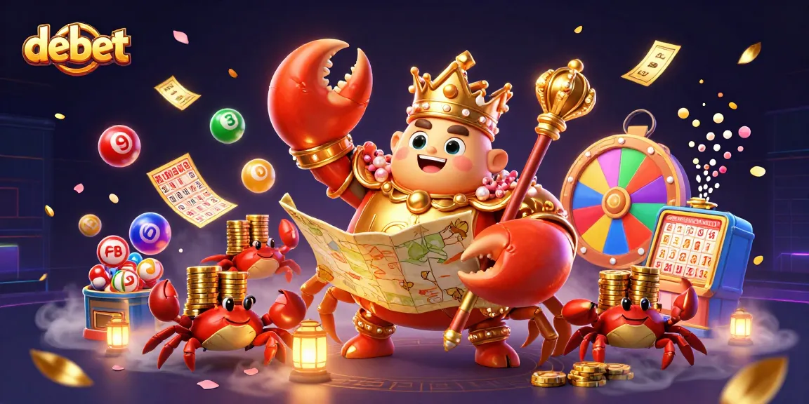 Experience thrilling wins with debet, a vibrant scene of a golden crab emperor reigning over a dynamic casino.