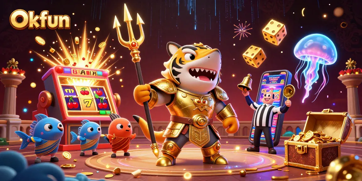Okfun showcases a thrilling jackpot explosion with a shark in golden armor, vibrant casino elements surround