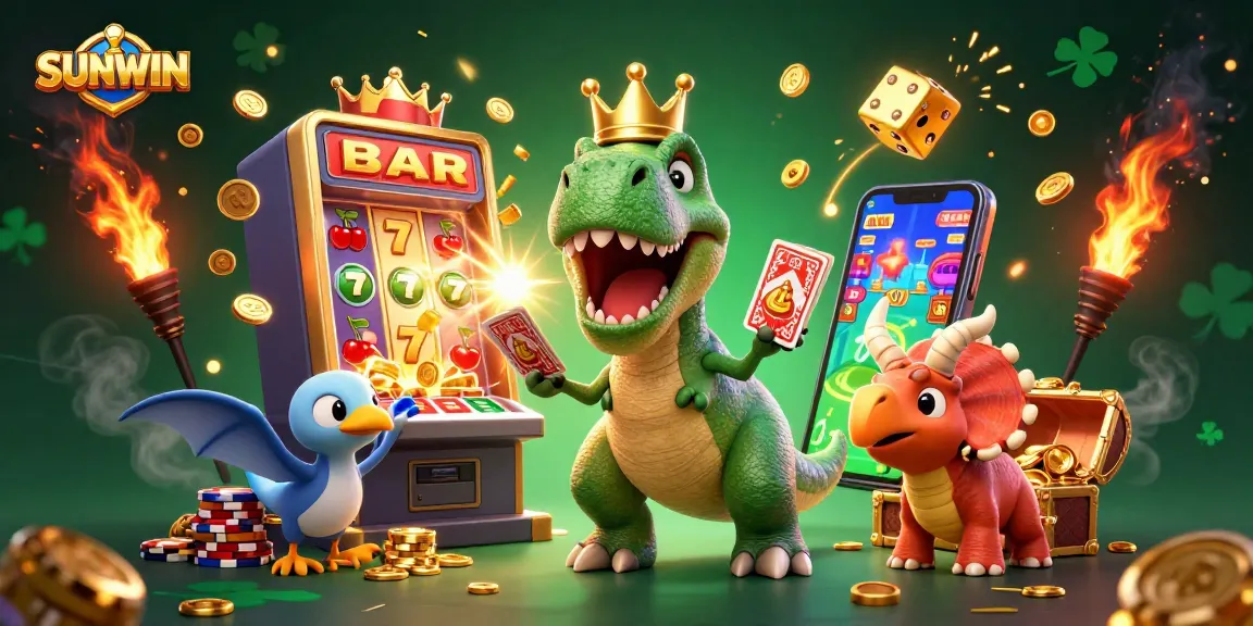 SUNWIN engages in thrilling gameplay with a cheerful dinosaur duo surrounded by jackpots and casino excitement.
