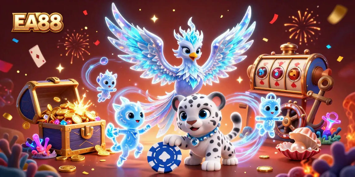 EA88 presents an exciting scene with an ice phoenix, a snow leopard cub, and magical elements in a casino setting.