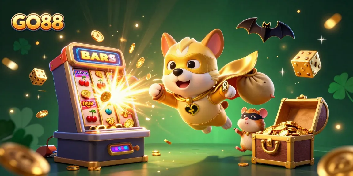 Experience the action at GO88 with a 3D cartoon superhero dog and hamster celebrating casino wins amidst thrilling game elements.