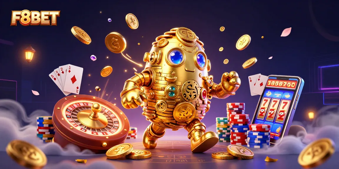 Experience the excitement at F8BET with a vibrant 3D casino illustration featuring a golden golem and playful casino elements.