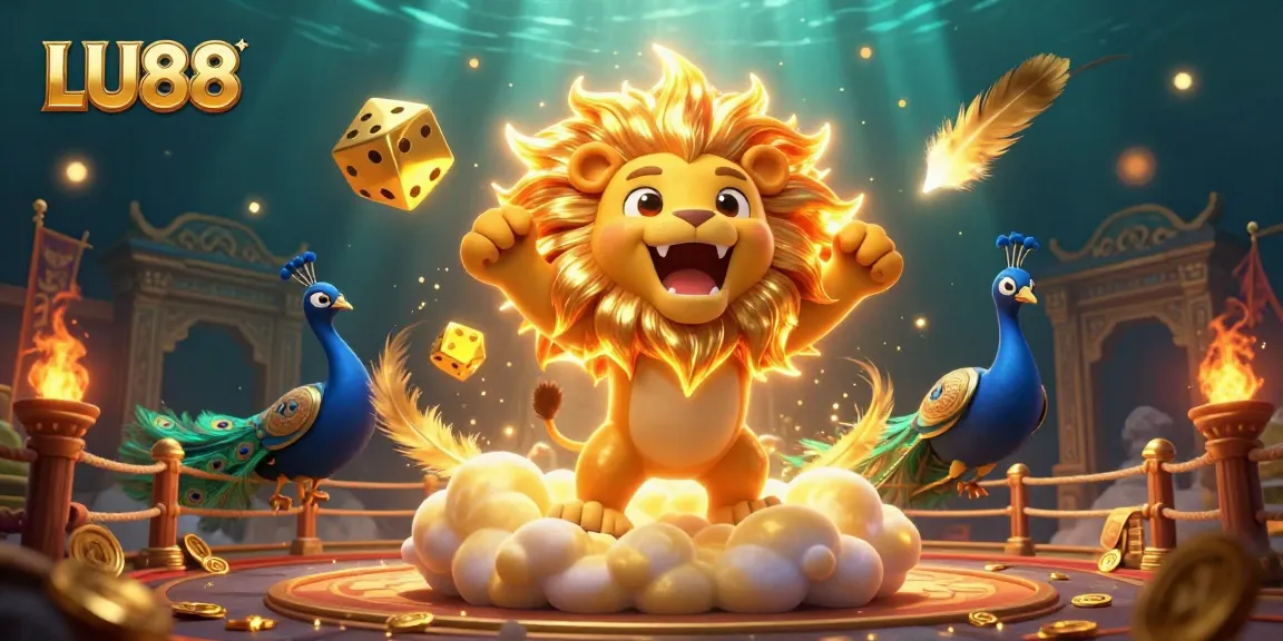 Engage in thrilling gameplay at LU88 with a vibrant illustration of a sun lion and golden dice.