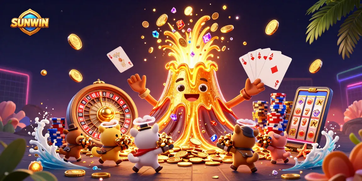 SUNWIN showcases a vibrant online gaming scene with a triumphant golden volcano, treasures, and casino elements.