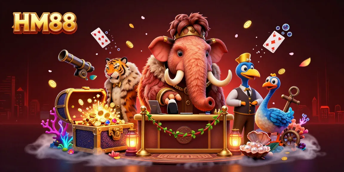 Experience the excitement at HM88 casino with a cartoon scene of characters celebrating in a dynamic gaming environment.