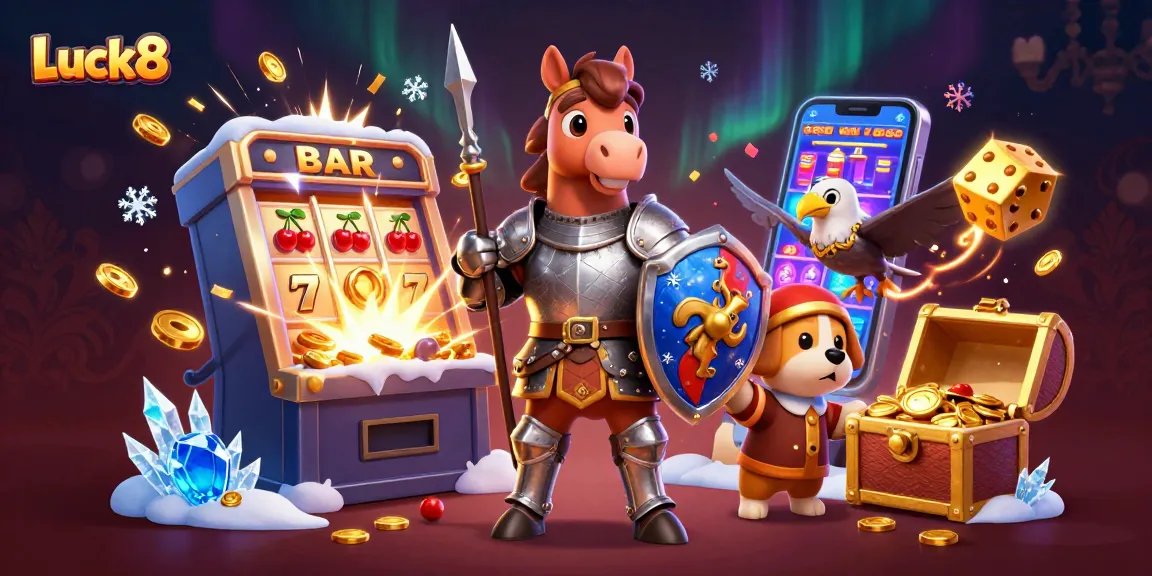 Experience the thrill of Luck8 with colorful slot machines and dynamic gameplay in this vibrant casino illustration.