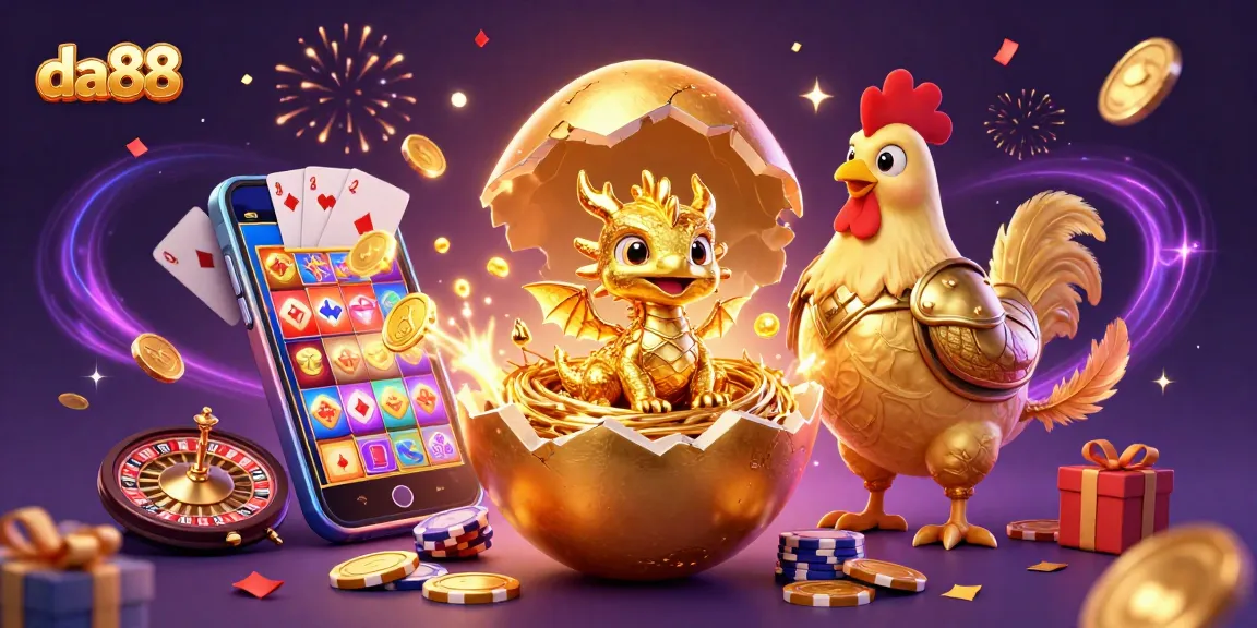Experience the magic of da88 with a 3D golden dragon and vibrant casino elements.