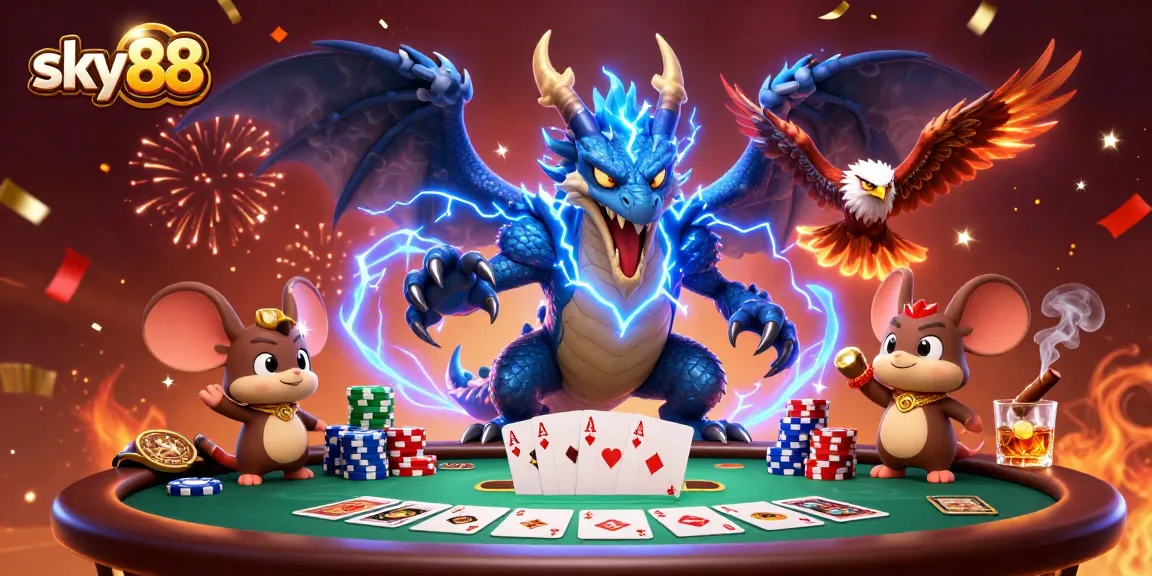 Engage in thrilling poker action with sky88's vibrant thunder dragon and poker elements.